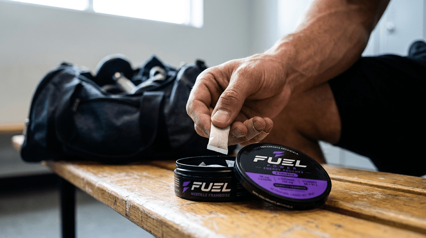 Pouch FUEL POWER posé sur un banc de musculation en salle de sport