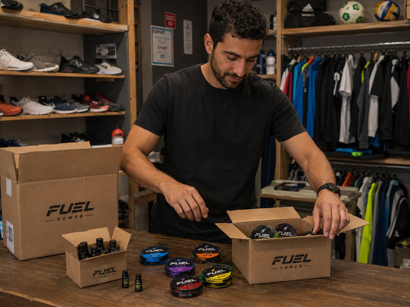 Commerçant qui déballe un carton de produits FUEL POWER (Energy Shot, Energy Pouch) en boutique