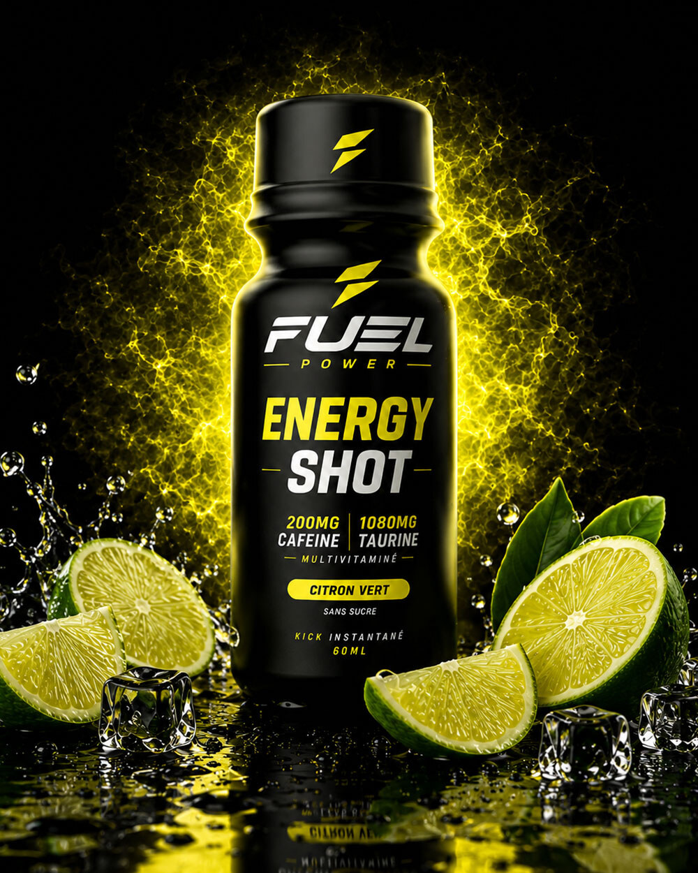 Flacon FUEL POWER Energy Shot, goût Citron Vert, 200 mg de caféine et 1000 mg de taurine, format 60 ml